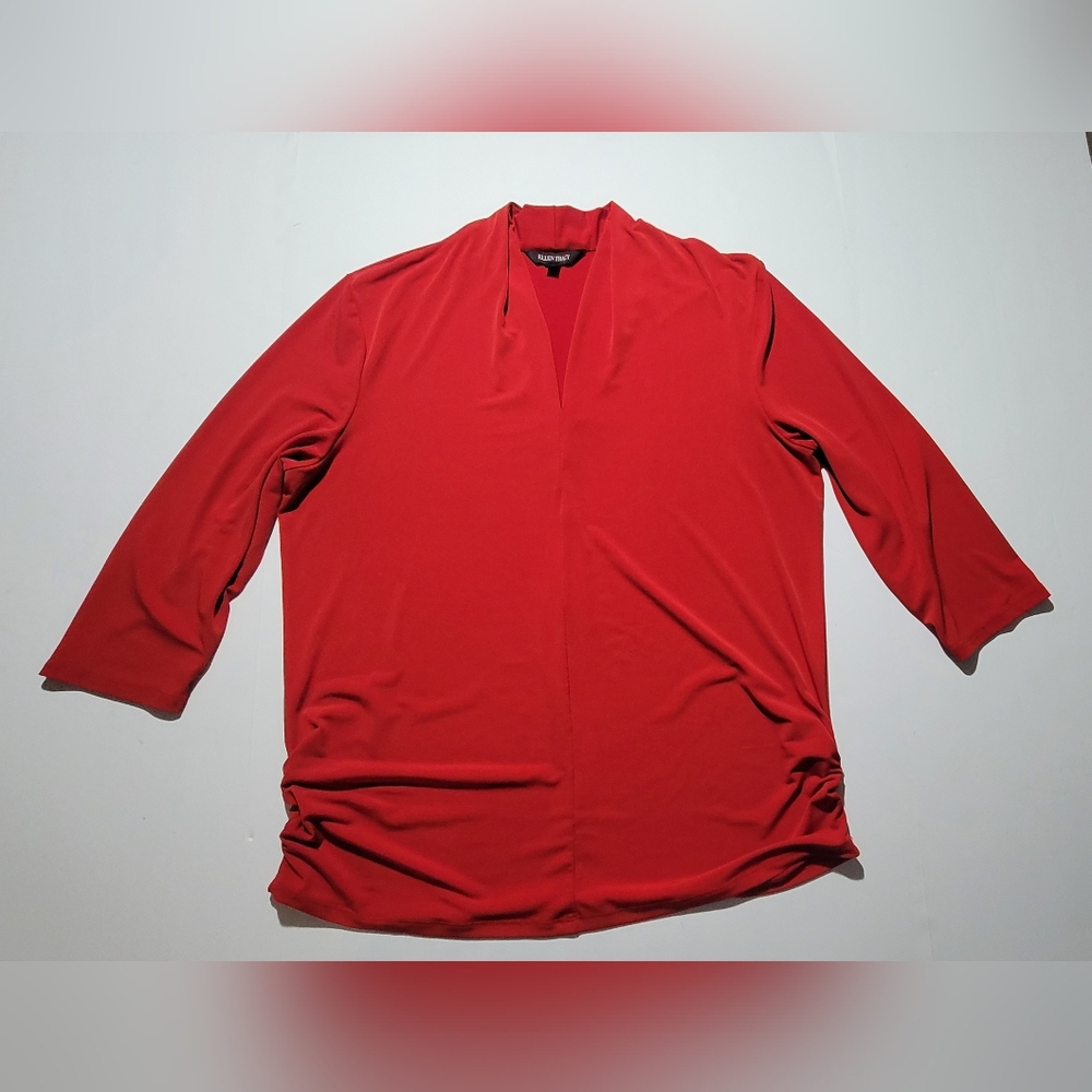 Ellen Tracy Vibrant Red V-Neck 3/4 Sleeve Rouched Sided Blouse